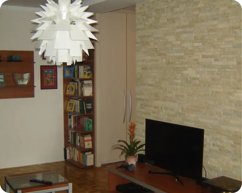 Dnevni boravak sa kamenim zidom, bibliotekom i televizorom